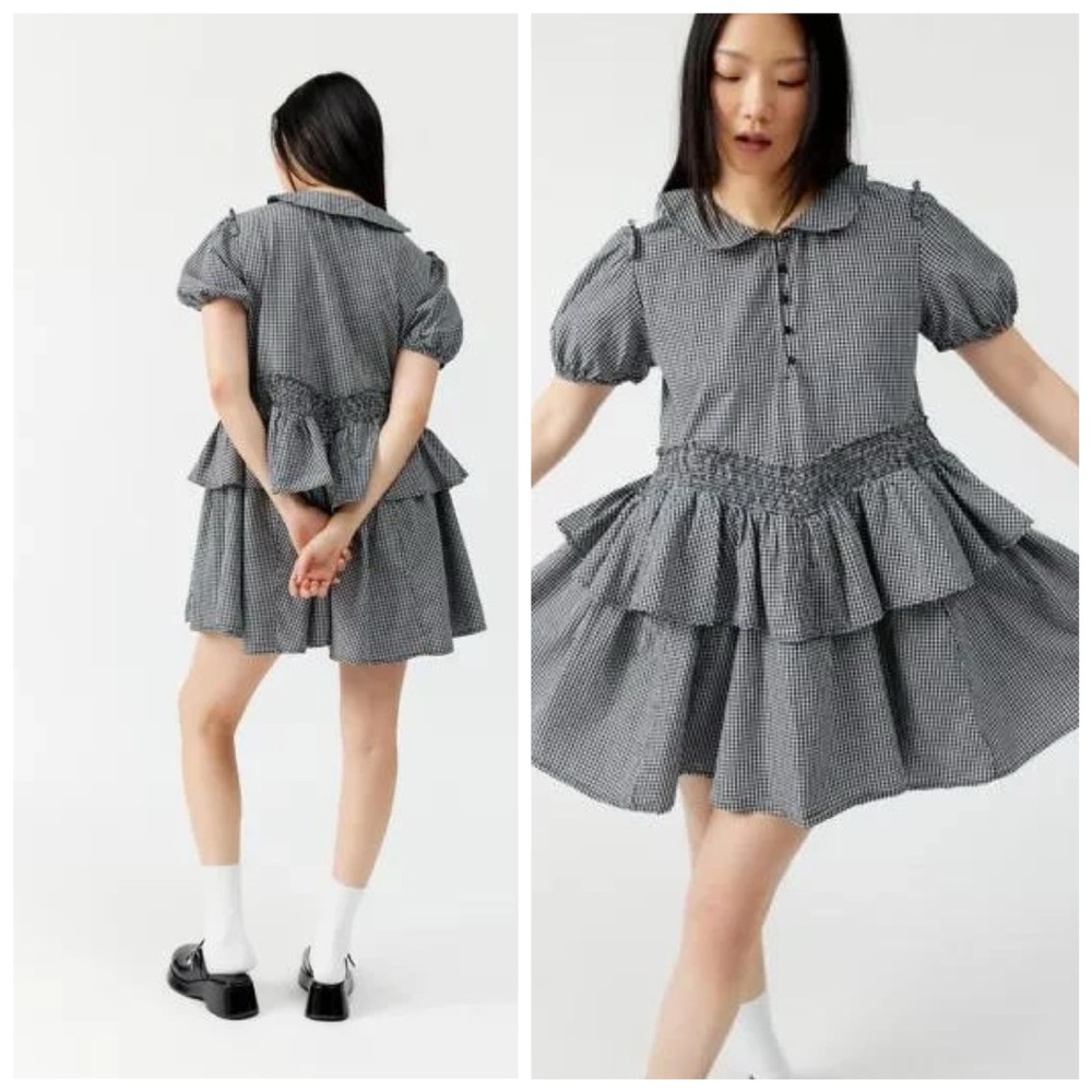 Urban Outfitters Mini Dress Claire Black Gingham Ruffe Babydoll Tiered size S